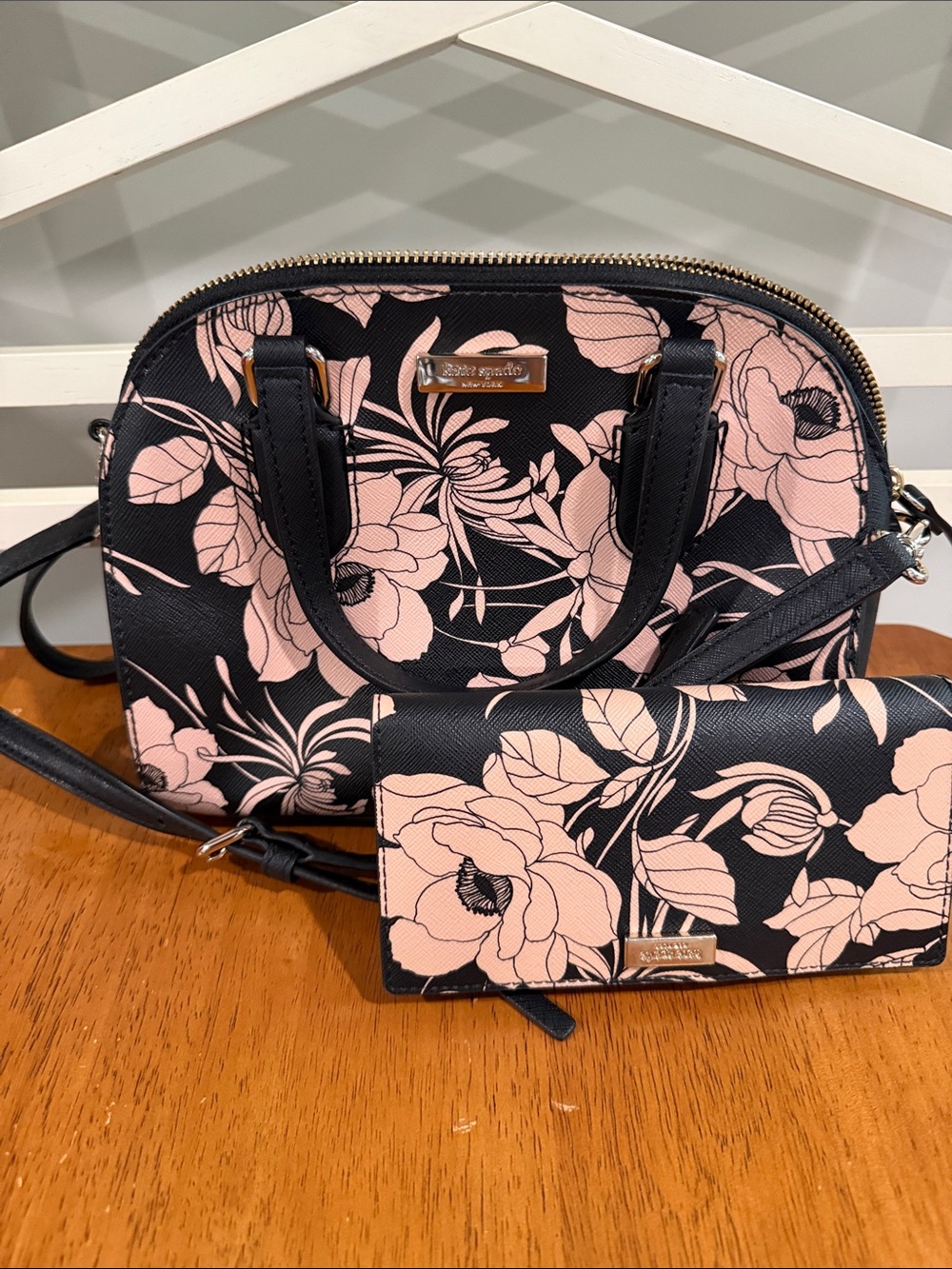 kate spade Black & Blush Floral Dome Satchel with Wallet Set